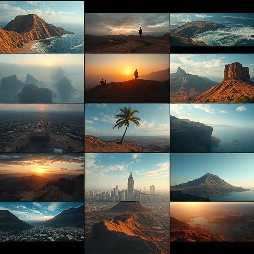 A collage of film stills showcasing diverse locations from around the world, highlighting different cultures and landscapes.