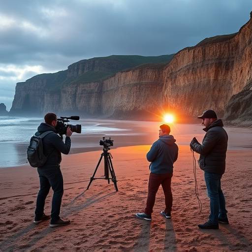 A film crew setting up a shot on a remote beach with dramatic cliffs in the background.