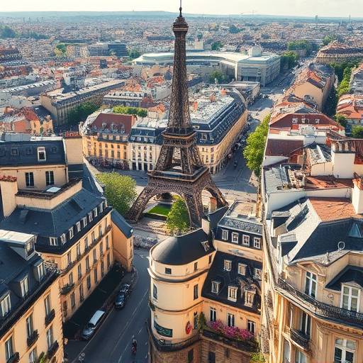 Aerial view of the Eiffel Tower in Paris, France surrounded by charming streets and architecture.