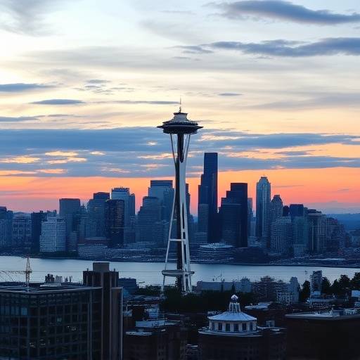 Panoramic view of Seattle skyline at sunset, showcasing the Space Needle and Puget Sound.