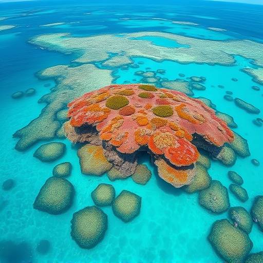 Panoramic view of the Great Barrier Reef with turquoise waters and coral formations.