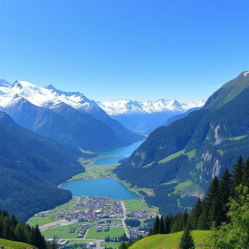 Scenic view of the Swiss Alps with snow-capped mountains and green valleys in Interlaken, Switzerland.