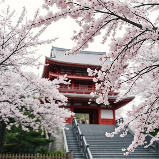 Serene Kyoto temple with cherry blossoms in full bloom.