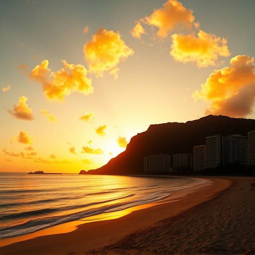 Sunset at Waikiki Beach in Honolulu, Hawaii with Diamond Head crater in the background.