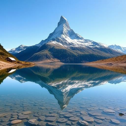The majestic Matterhorn peak reflected in a clear alpine lake in Zermatt, Switzerland.